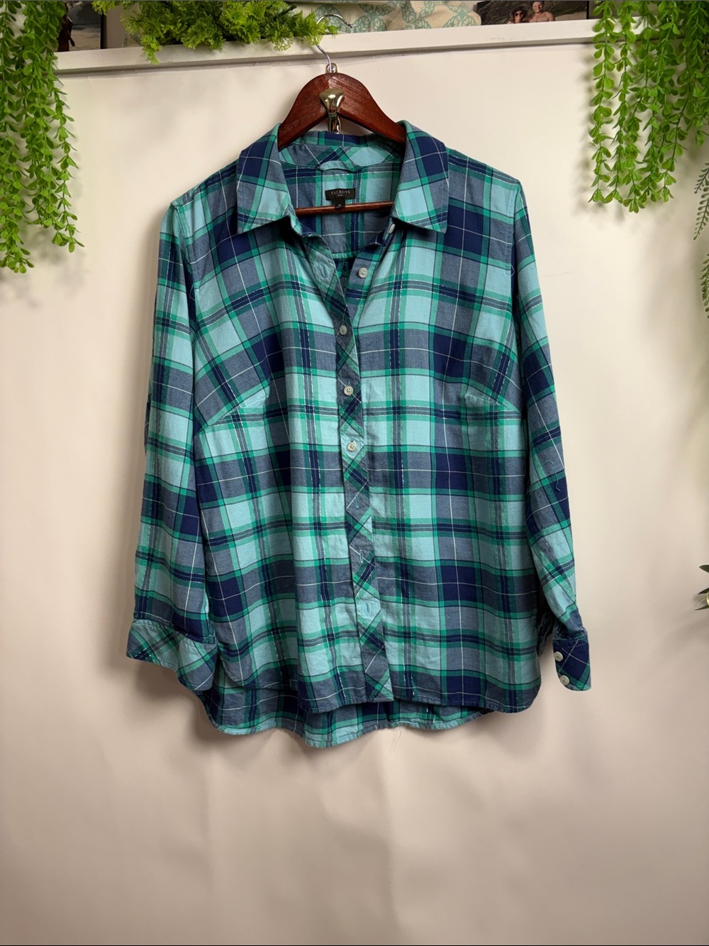 Talbots Teal and Navy Plaid Button-Down Shirt